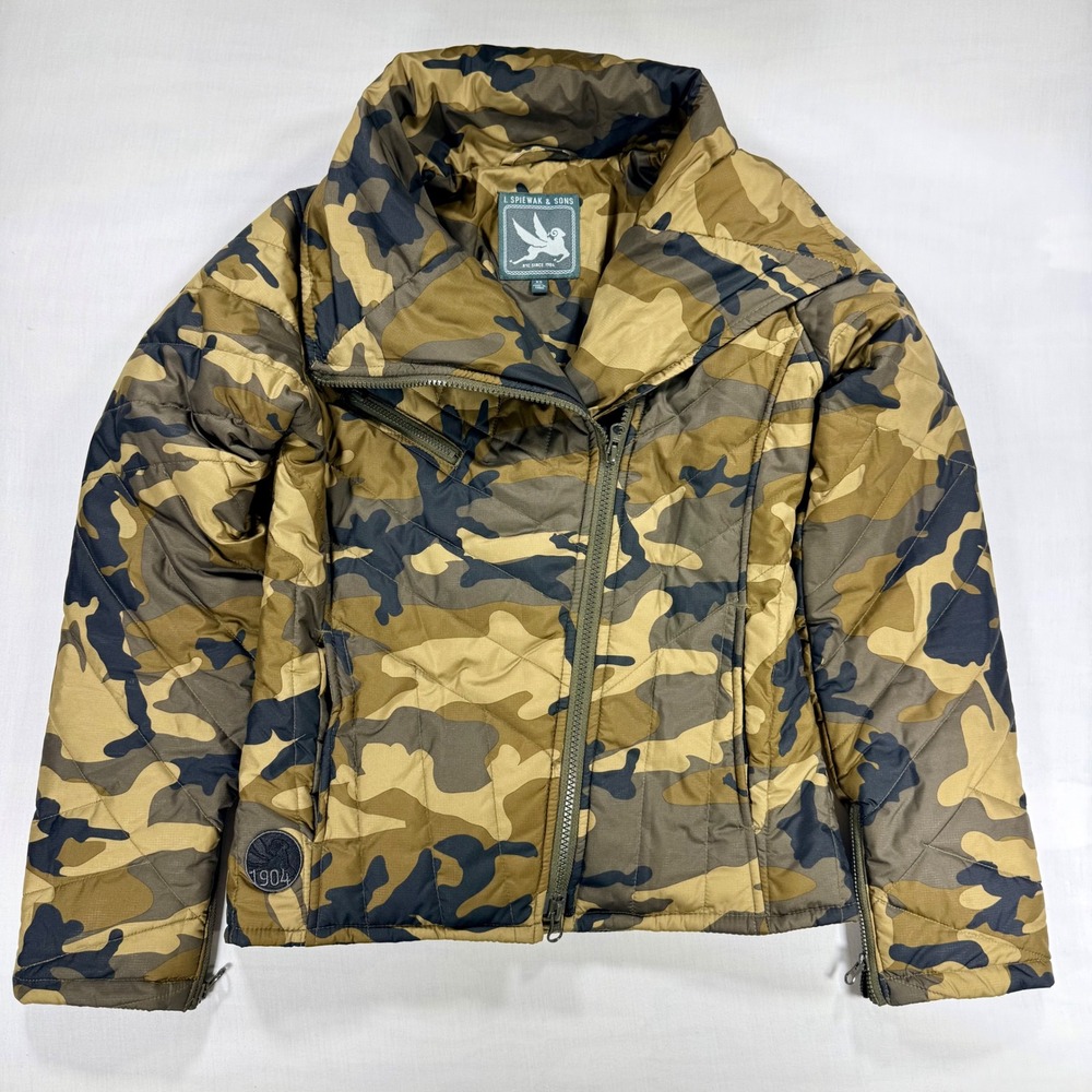 I Spiewak & Sons Womens XS Camo Quilted Puffer Jacket Asymmetrical Moto Zipper